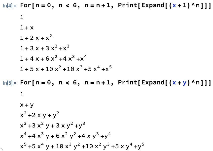 Mathematica code for printing Pascal's triangle using binomial theorem